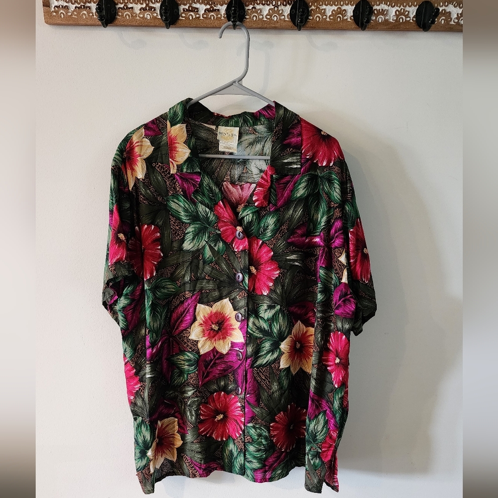 Vintage BENTLEY Hawaiian Flower Button Up Shirt Womens 22W Boho Coastal 90s